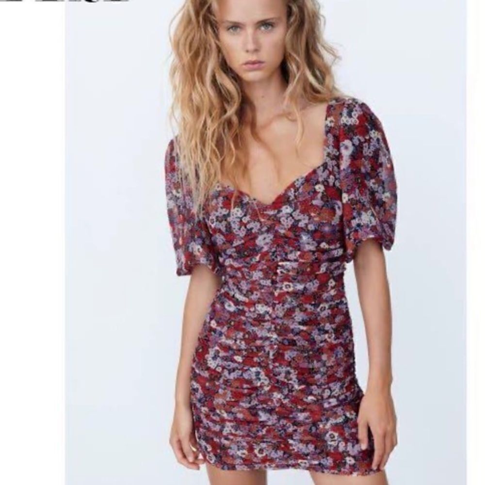 Zara Floral Chiffon Ruched Mini Dress Women's Long Sleeve Ruffle Party